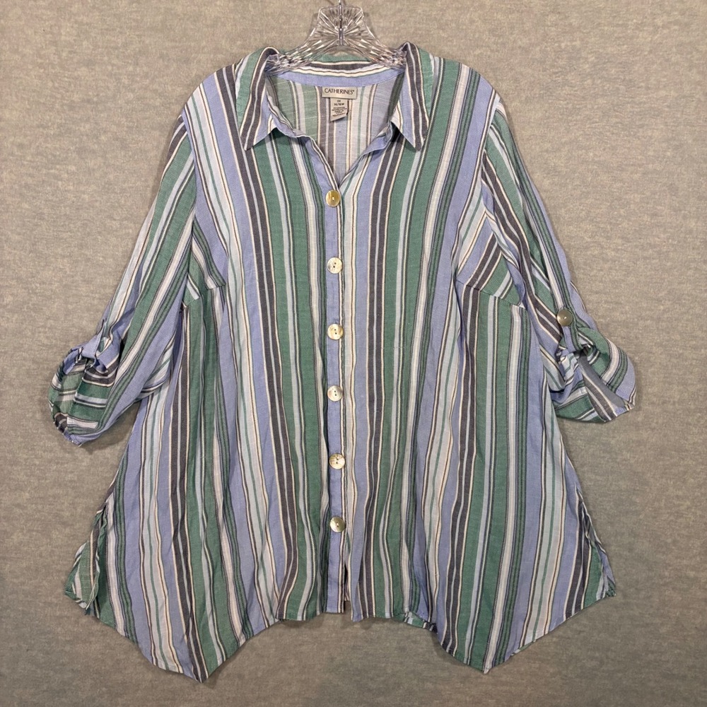 Catherines Blue Green Striped Roll Tab Sleeve Sharkbite Hem Tunic Top 0X 14/16W
